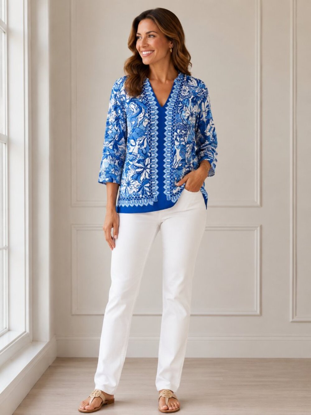 Lilly Pulitzer Blue & White Floral V-Neck Sweater